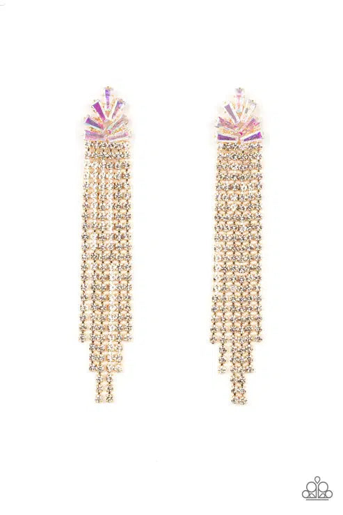 Overnight Sensation Gold & Iridescent Rhinestone Earrings - Paparazzi Accessories- lightbox - CarasShop.com - Paparazzi Jewelry by Cara Jewels