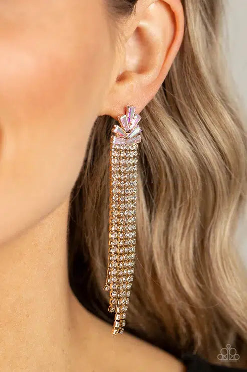 Overnight Sensation Gold & Iridescent Rhinestone Earrings - Paparazzi Accessories- lightbox - CarasShop.com - Paparazzi Jewelry by Cara Jewels