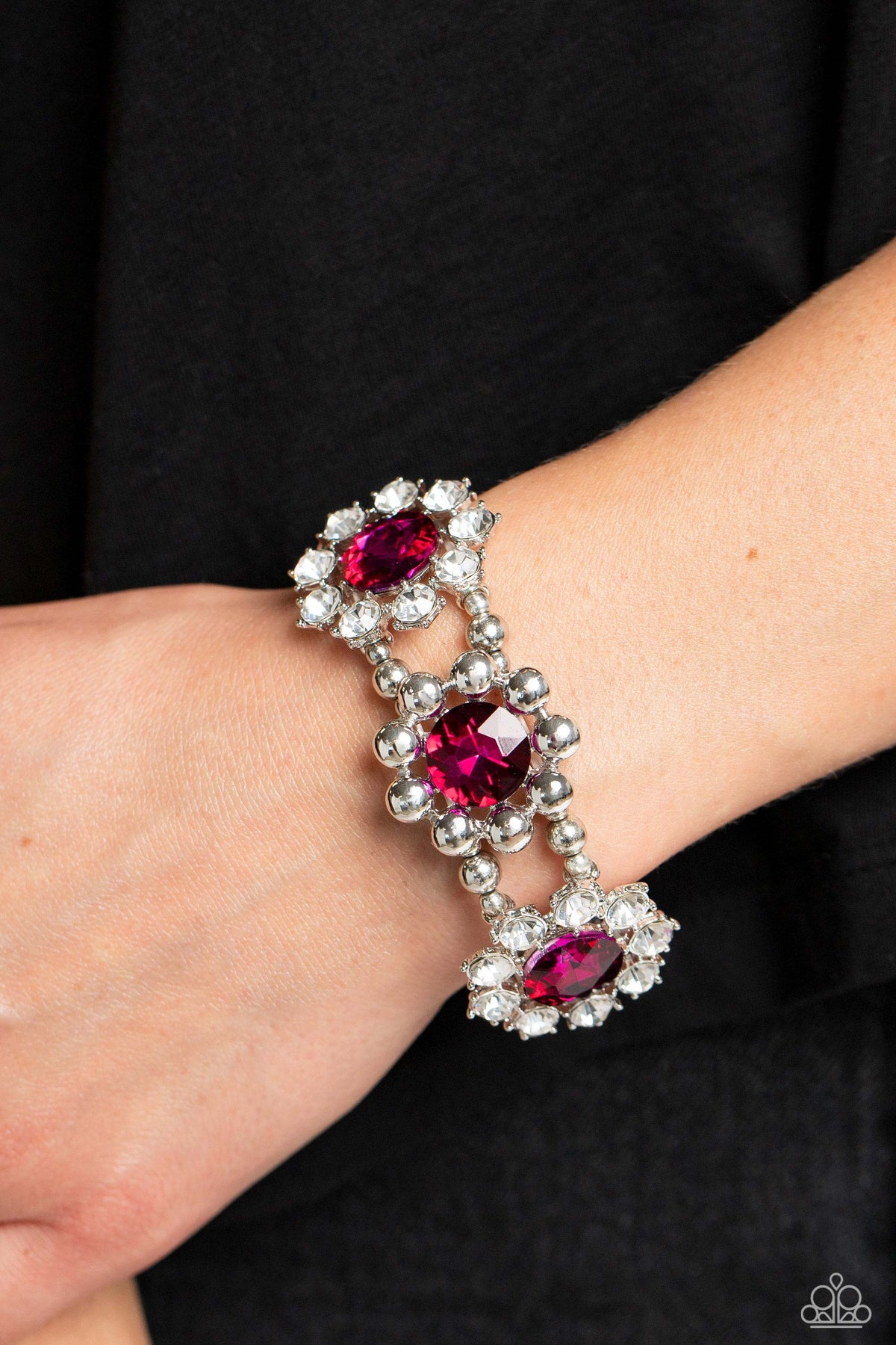 Pact of Petals Pink Rhinestone Bracelet - Paparazzi Accessories- on model - CarasShop.com - Paparazzi Jewelry by Cara Jewels