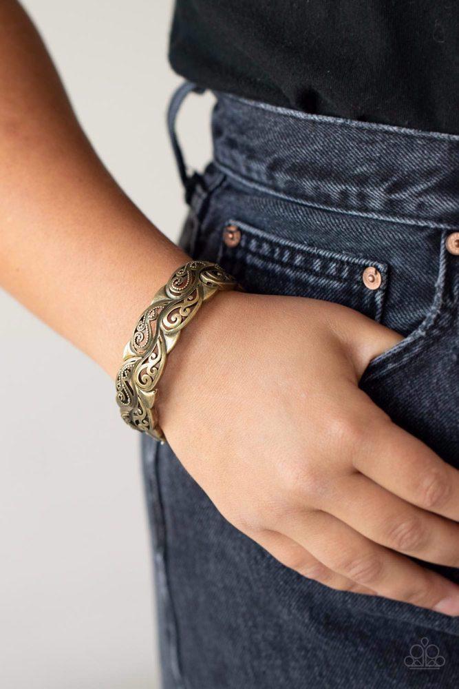 Paisley Portico Brass Bracelet - Paparazzi Accessories- on model - CarasShop.com - Paparazzi Jewelry by Cara Jewels