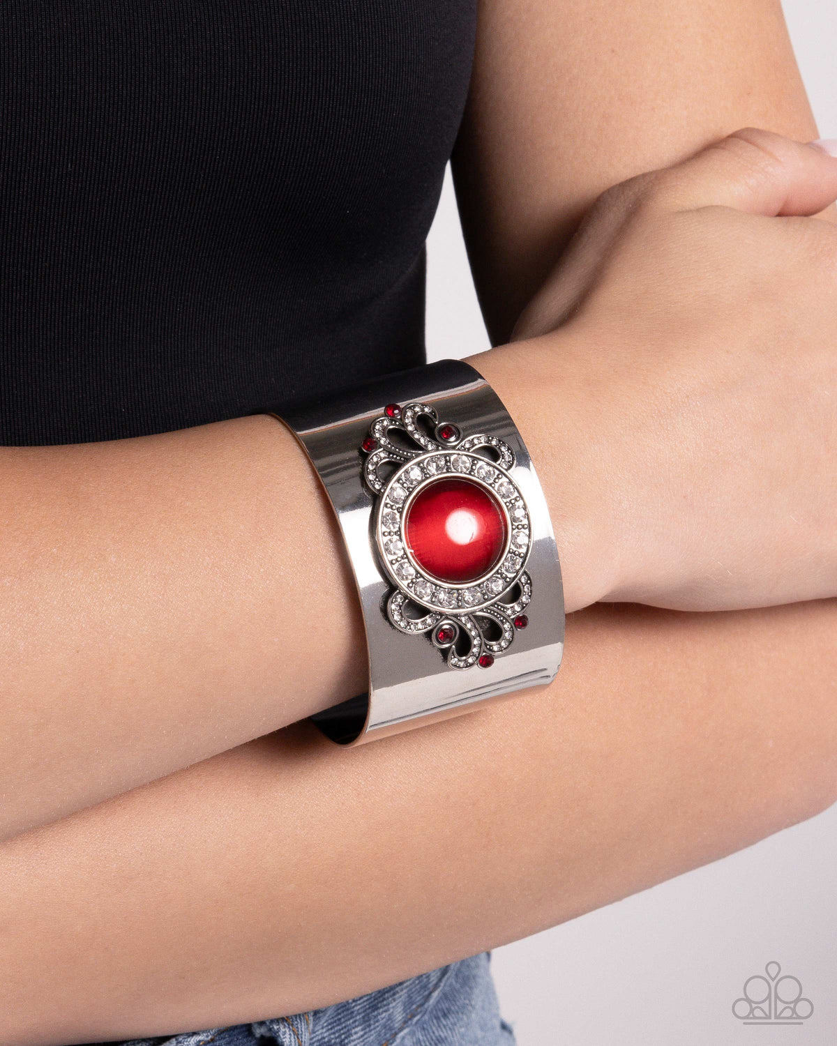 Paisley Princess Red Cat's Eye Stone Cuff Bracelet - Paparazzi Accessories- on model - CarasShop.com - Paparazzi Jewelry by Cara Jewels