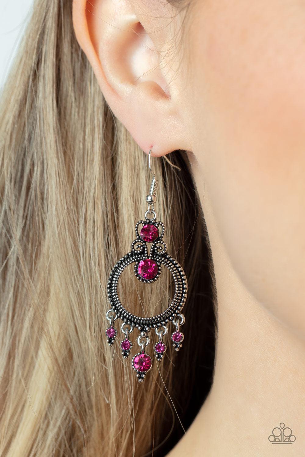 Palace Politics Pink Rhinestone Earrings - Paparazzi Accessories- on model - CarasShop.com - Paparazzi Jewelry by Cara Jewels