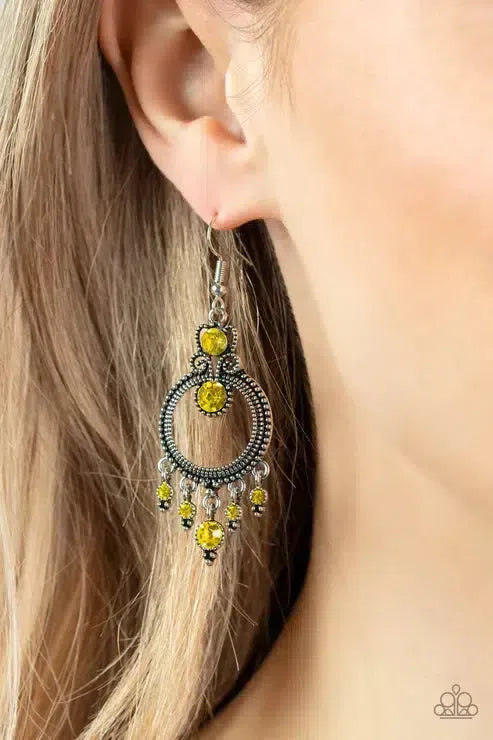 Palace Politics Yellow Earrings - Paparazzi Accessories- on model - CarasShop.com - Paparazzi Jewelry by Cara Jewels