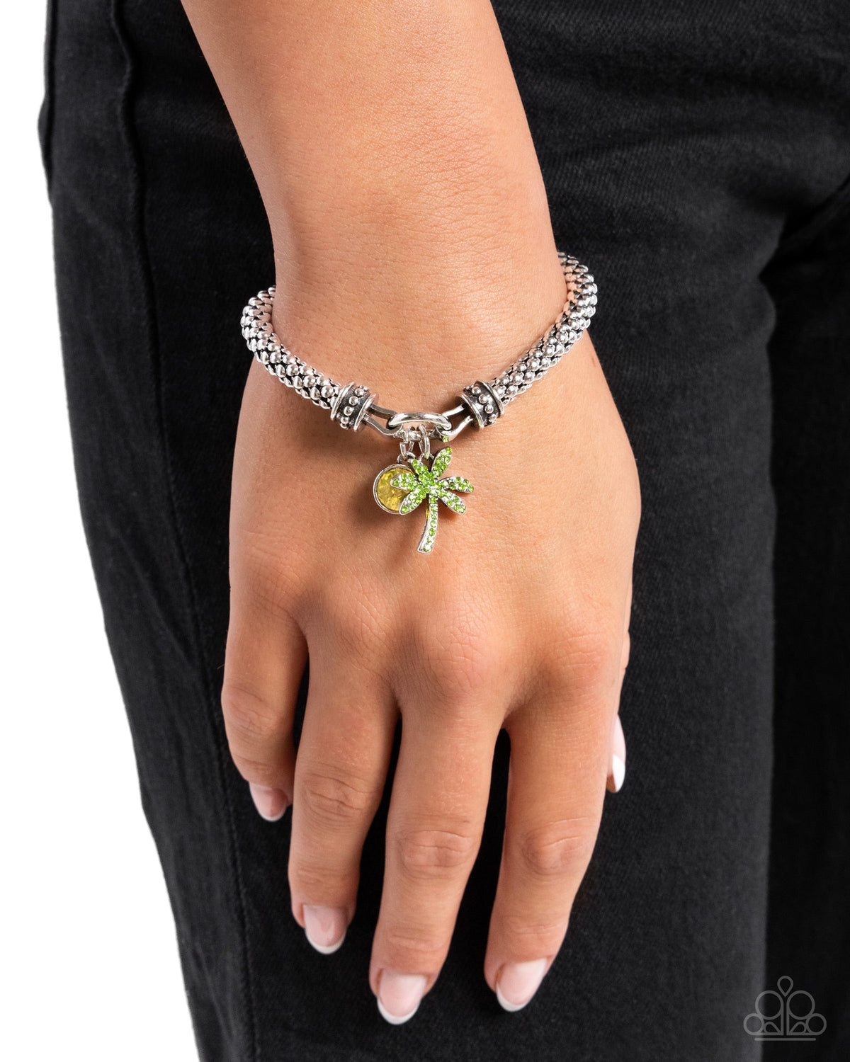 Palm Beach Bling Green Rhinestone Palm Tree Bracelet- on model - CarasShop.com - Paparazzi Jewelry by Cara Jewels