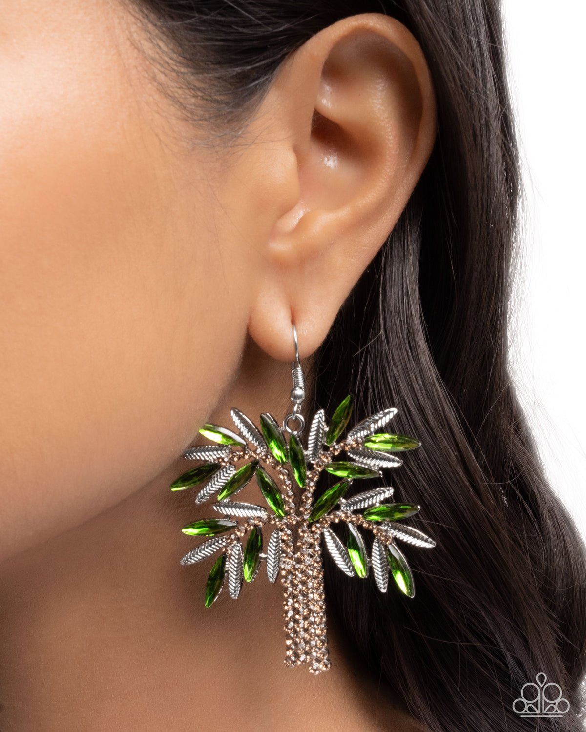 Palm Tree Pizzazz Green Rhinestone Earrings - Paparazzi Accessories- on model - CarasShop.com - Paparazzi Jewelry by Cara Jewels