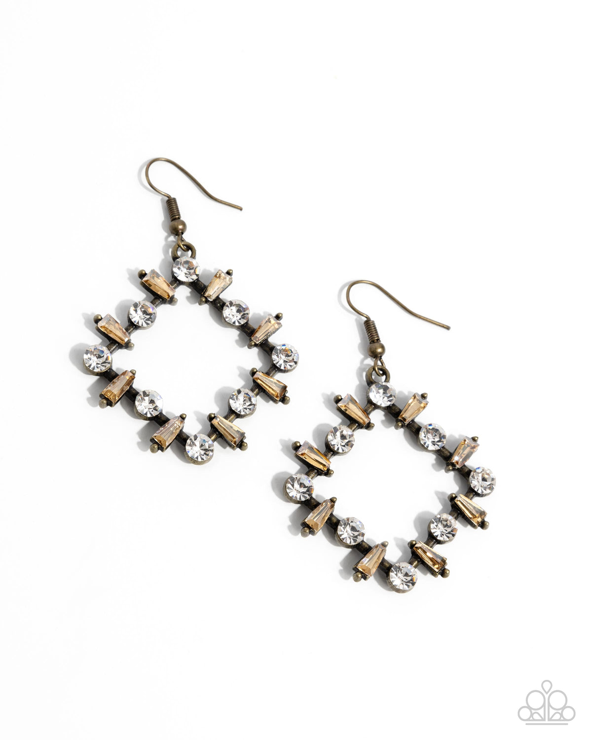 Pampered Promise Brass & White Gem Earrings - Paparazzi Accessories- lightbox - CarasShop.com - Paparazzi Jewelry by Cara Jewels