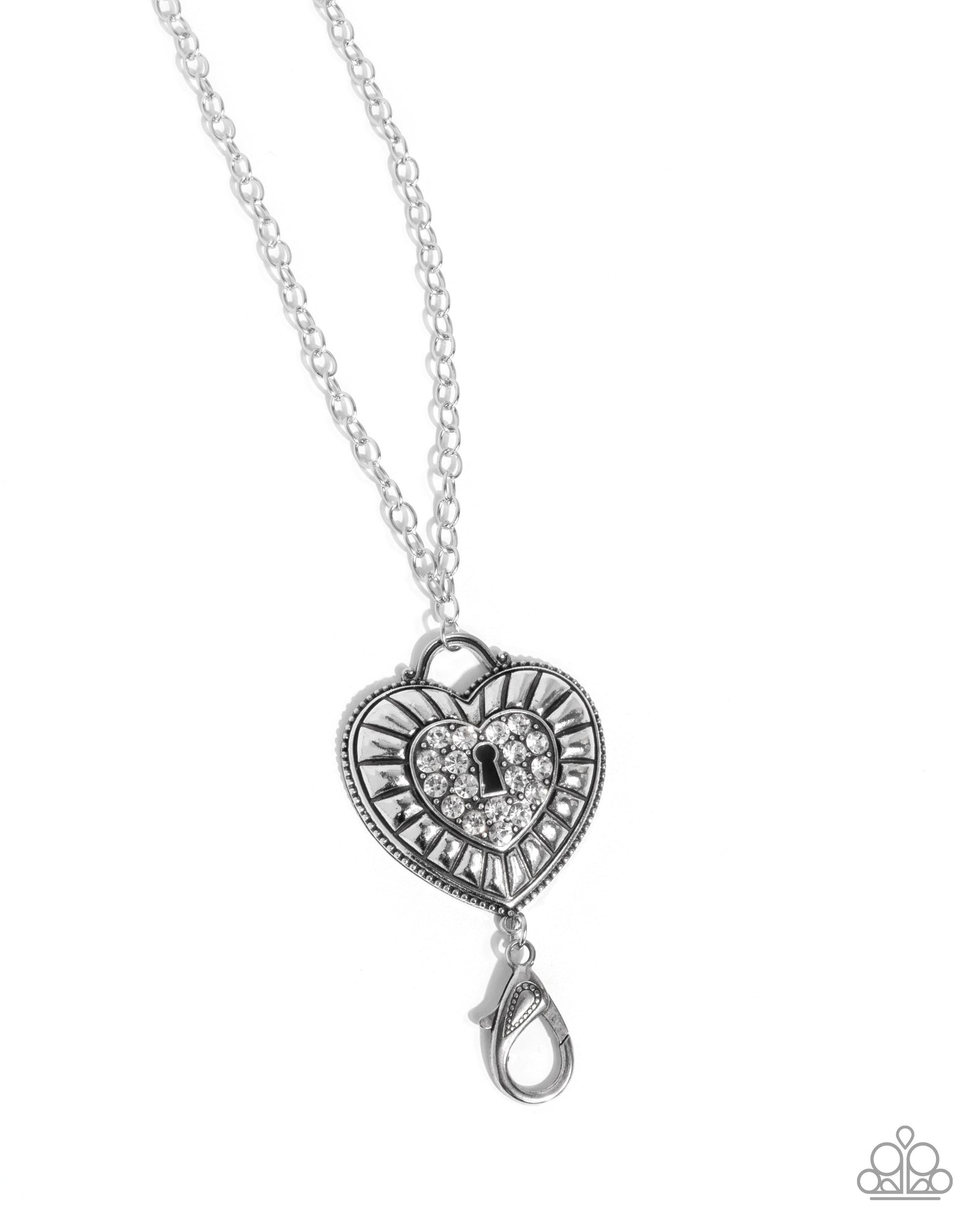 Panoramic Padlock White Rhinestone Heart Lanyard Necklace - Paparazzi Accessories- lightbox - CarasShop.com - Paparazzi Jewelry by Cara Jewels