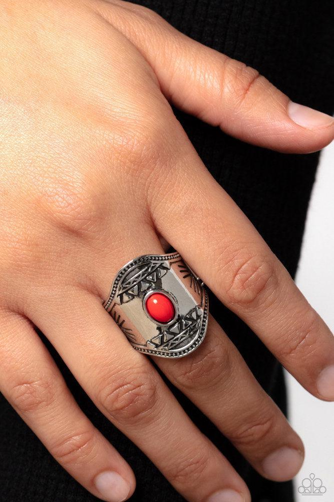 Panoramic Pyramids Red Ring - Paparazzi Accessories- on model - CarasShop.com - Paparazzi Jewelry by Cara Jewels