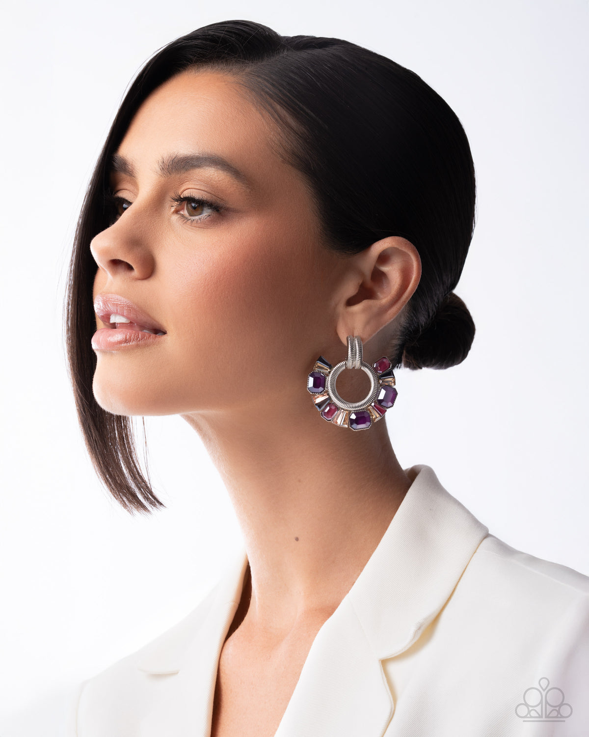 paparazzi Courteous Chic Purple Gem Earrings-on model - CarasShop.com - Paparazzi Jewelry by Cara Jewels