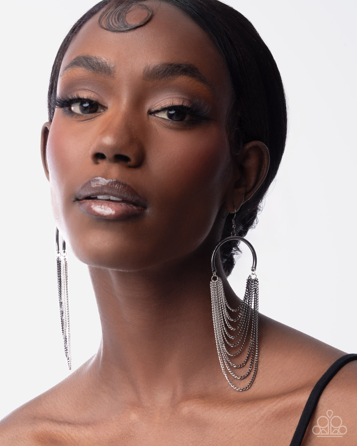 paparazzi Focused Fringe Gunmetal Black and Silver chain Earrings- lightbox - CarasShop.com - Paparazzi Jewelry by Cara Jewels