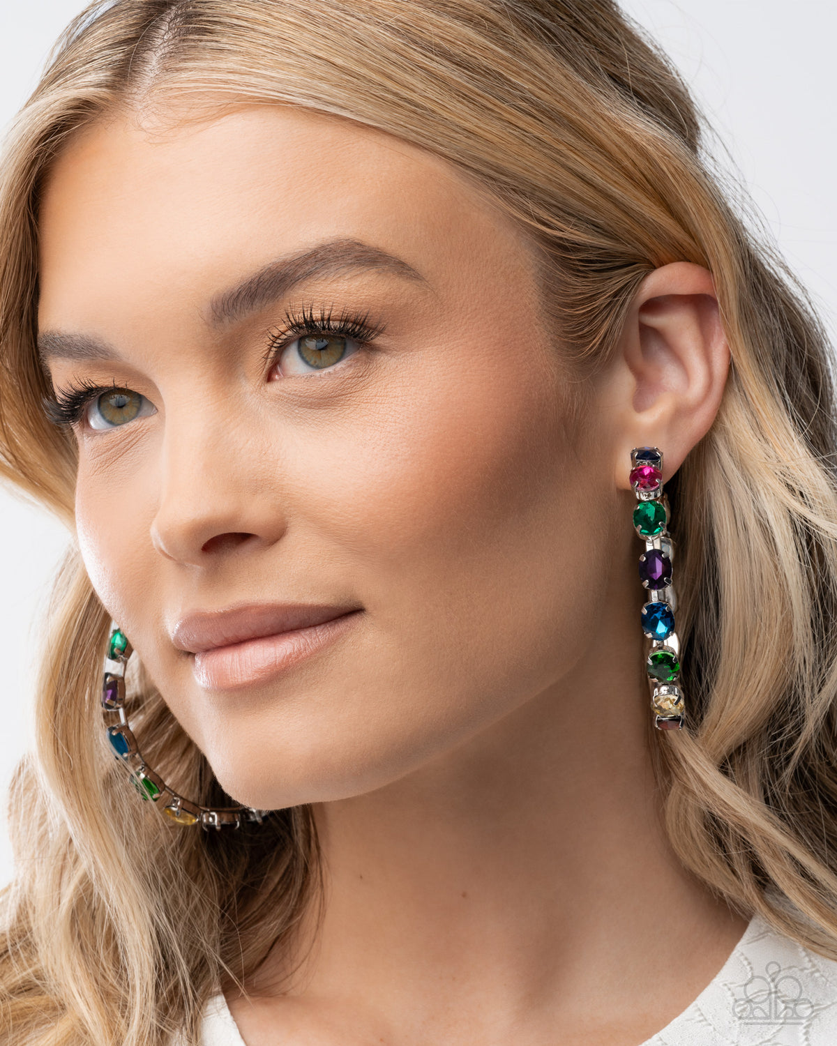paparazzi Grand Finale Glitz Multi Gem Hoop Earrings-on model - CarasShop.com - Paparazzi Jewelry by Cara Jewels