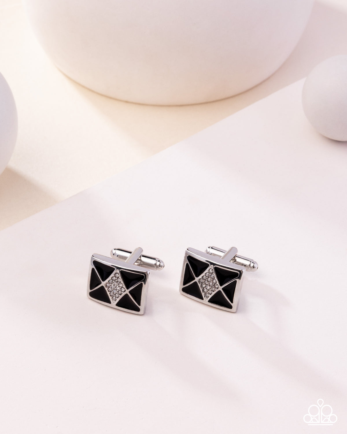 paparazzi Iconic Invitation Black & White Rhinestone Cuff Links- lightbox - CarasShop.com - Paparazzi Jewelry by Cara Jewels