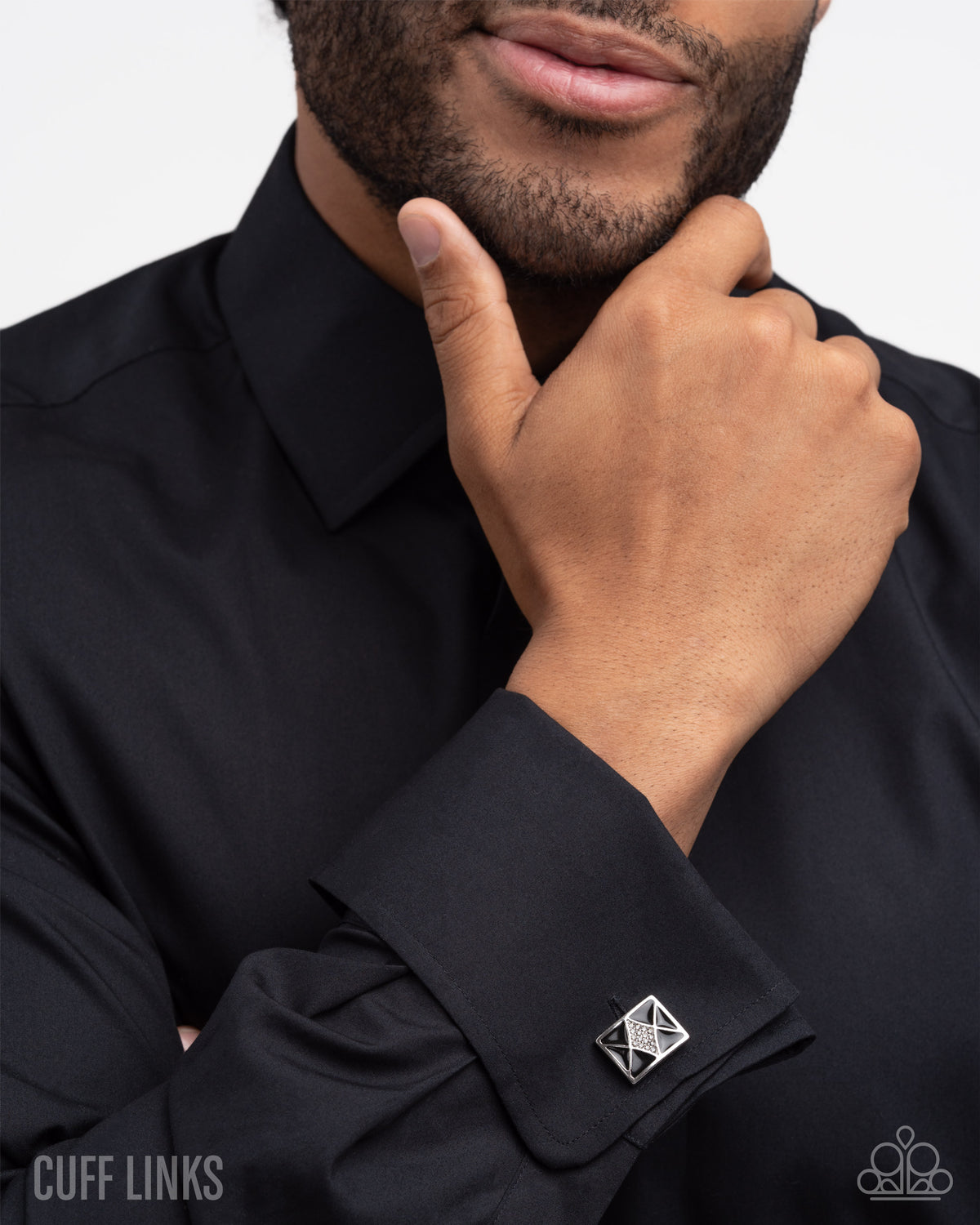 paparazzi Iconic Invitation Black & White Rhinestone Cuff Links-on model - CarasShop.com - Paparazzi Jewelry by Cara Jewels