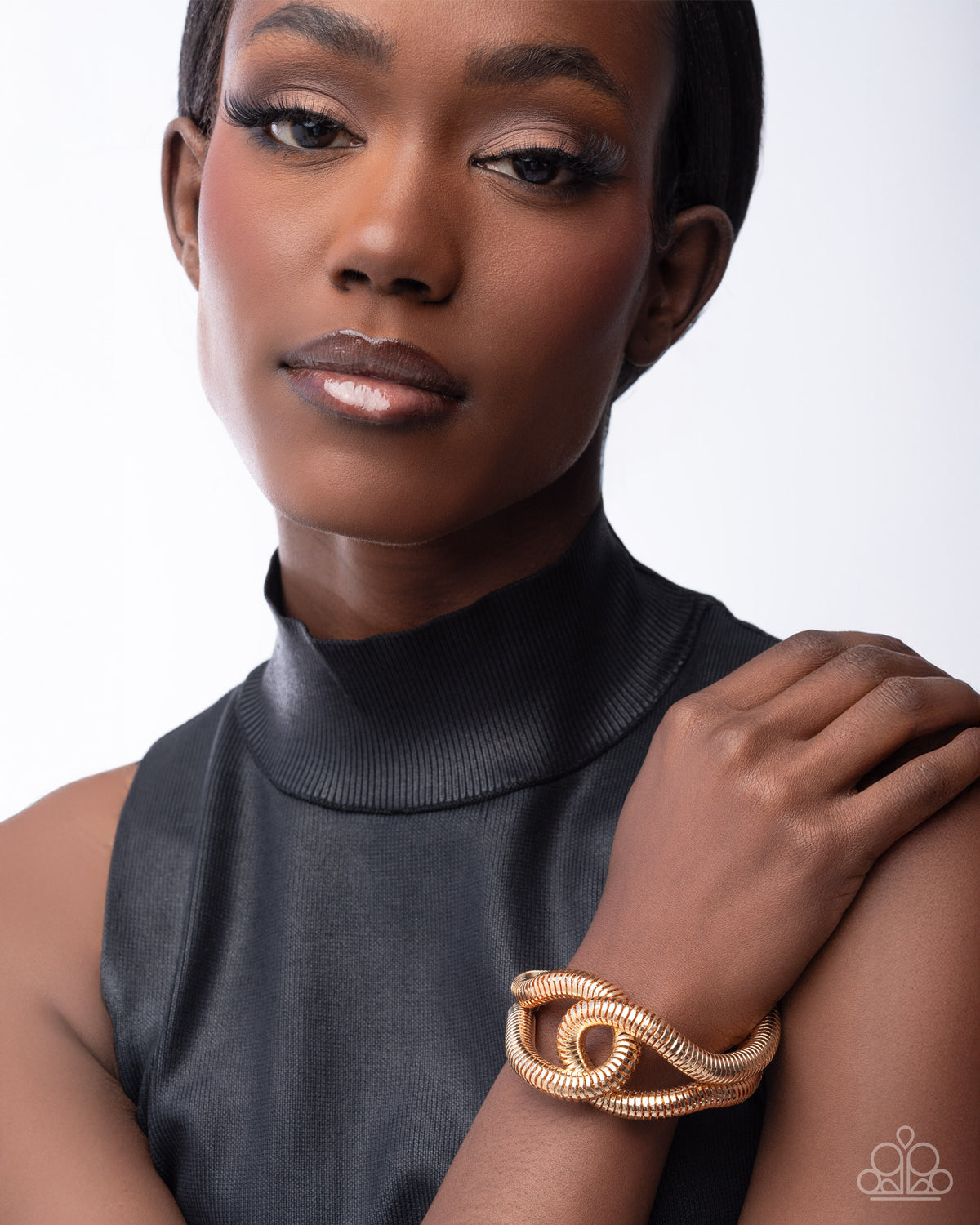 paparazzi Interlocked Ignition Gold Cuff Bracelet-on model - CarasShop.com - Paparazzi Jewelry by Cara Jewels