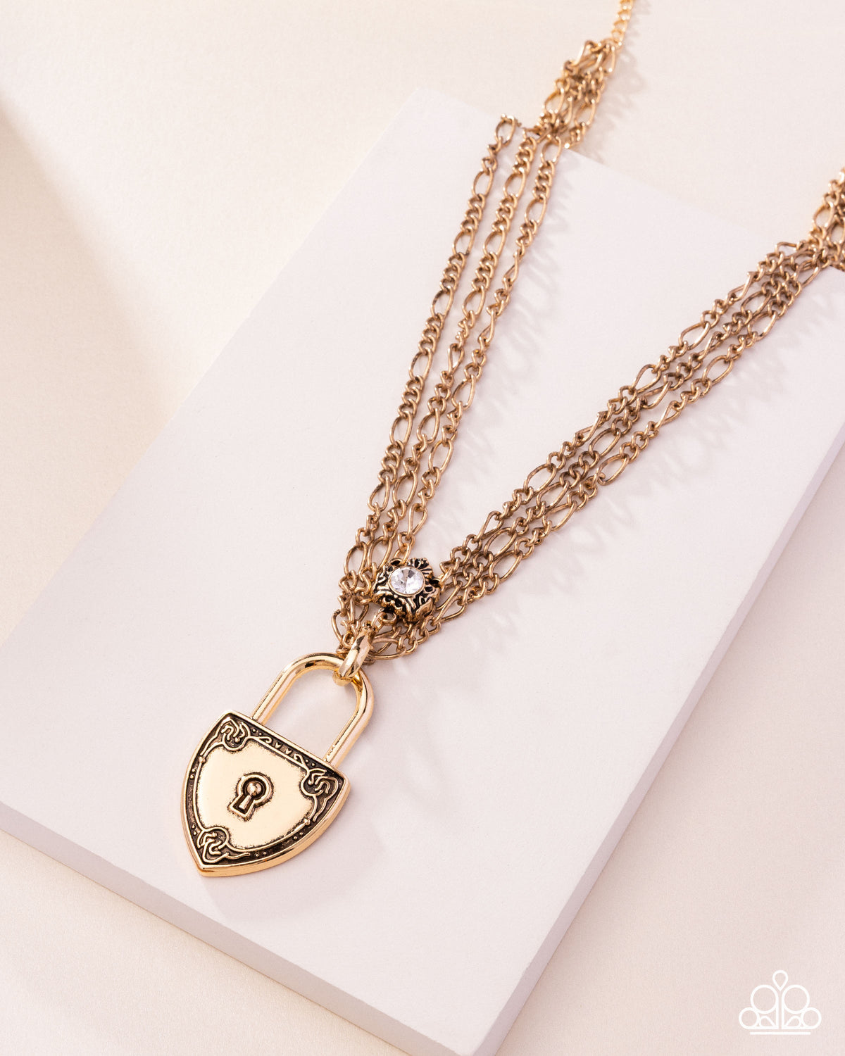 paparazzi "Lock" Show Gold Necklace-on model - CarasShop.com - Paparazzi Jewelry by Cara Jewels