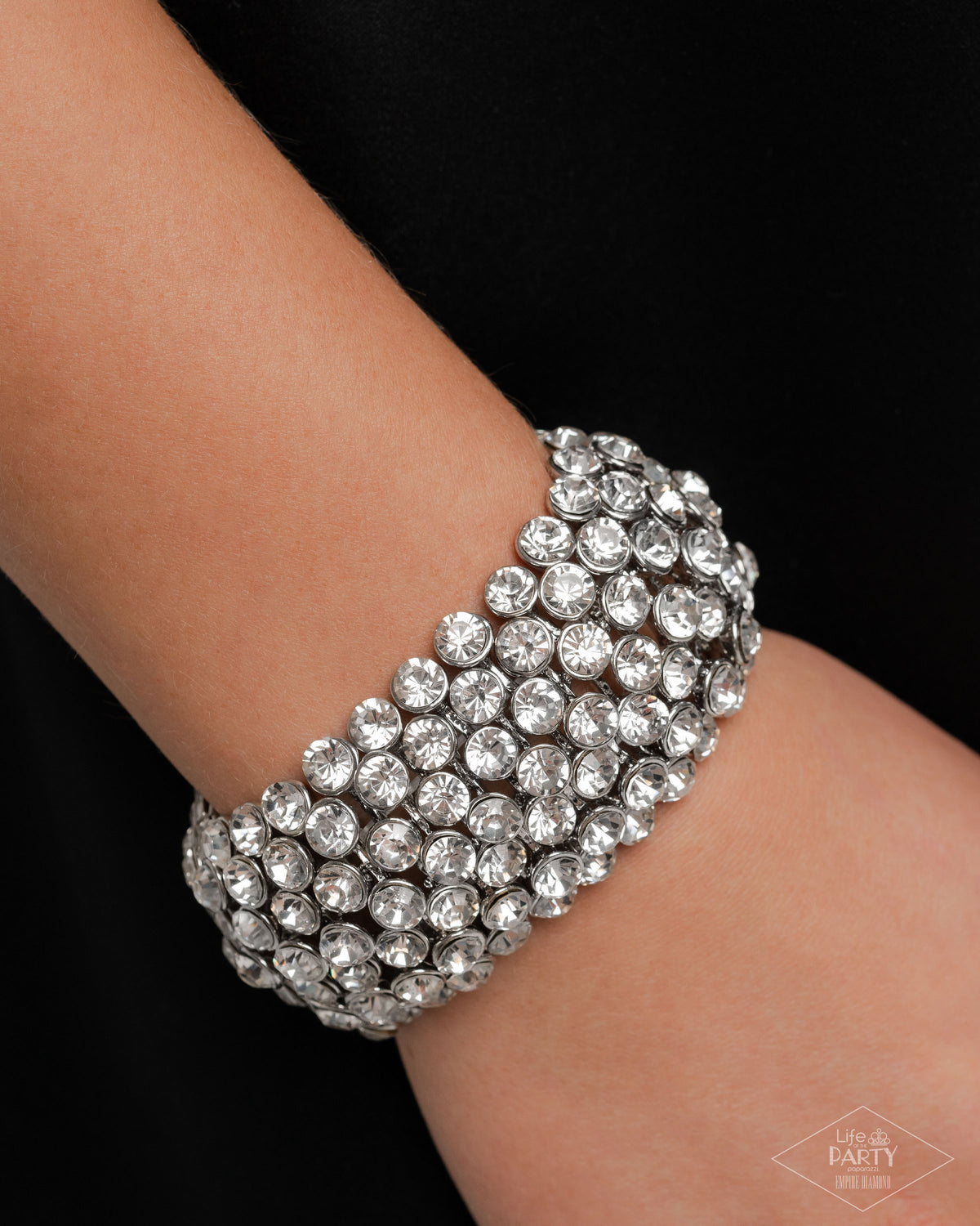 Paparazzi Playing With Fire White Rhinestone Zi Collection Bracelet-on model - CarasShop.com - Paparazzi Jewelry by Cara Jewels
