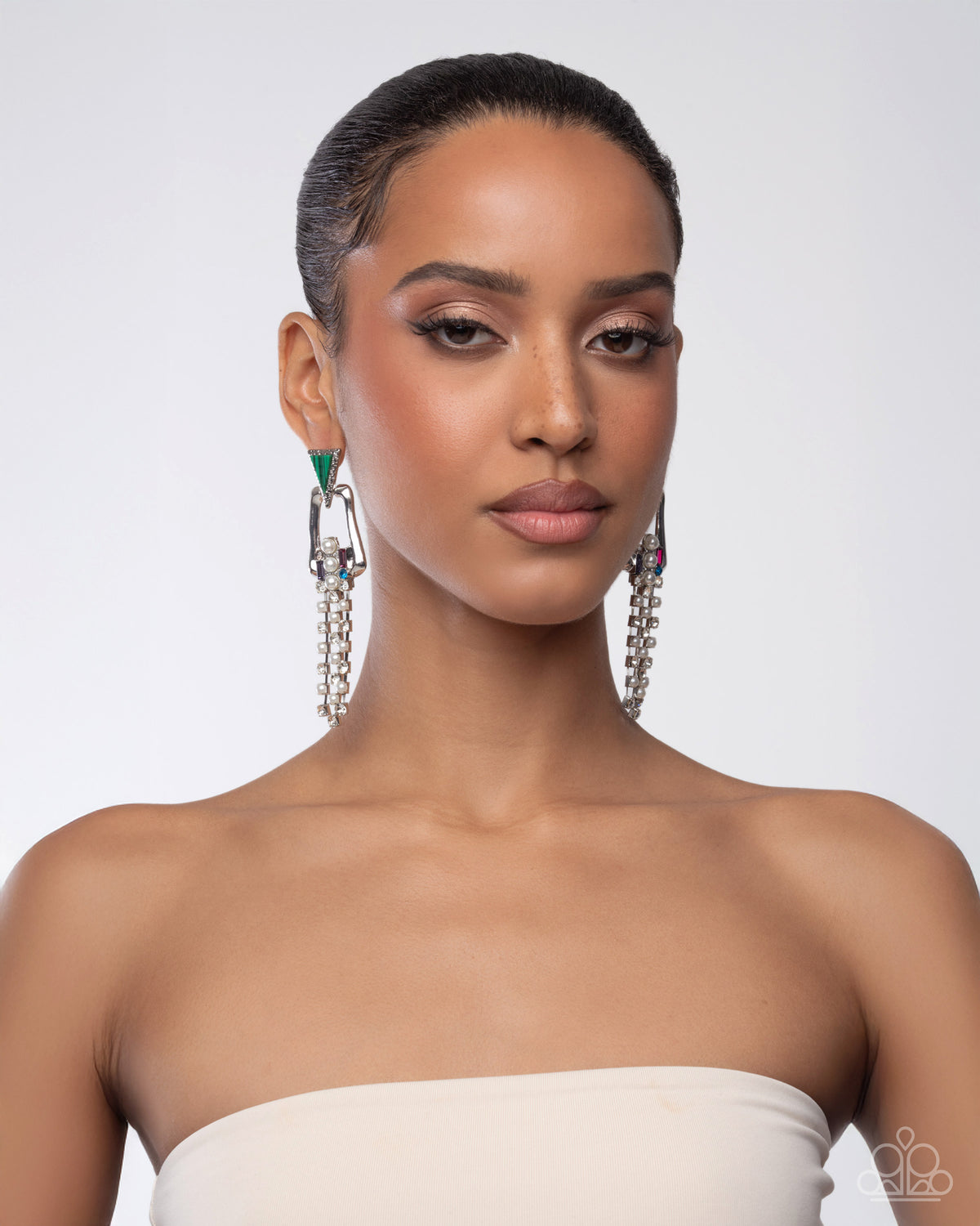 paparazzi Ravishing Reputation Green & White Pearl and Rhinestone Earrings-on model - CarasShop.com - Paparazzi Jewelry by Cara Jewels