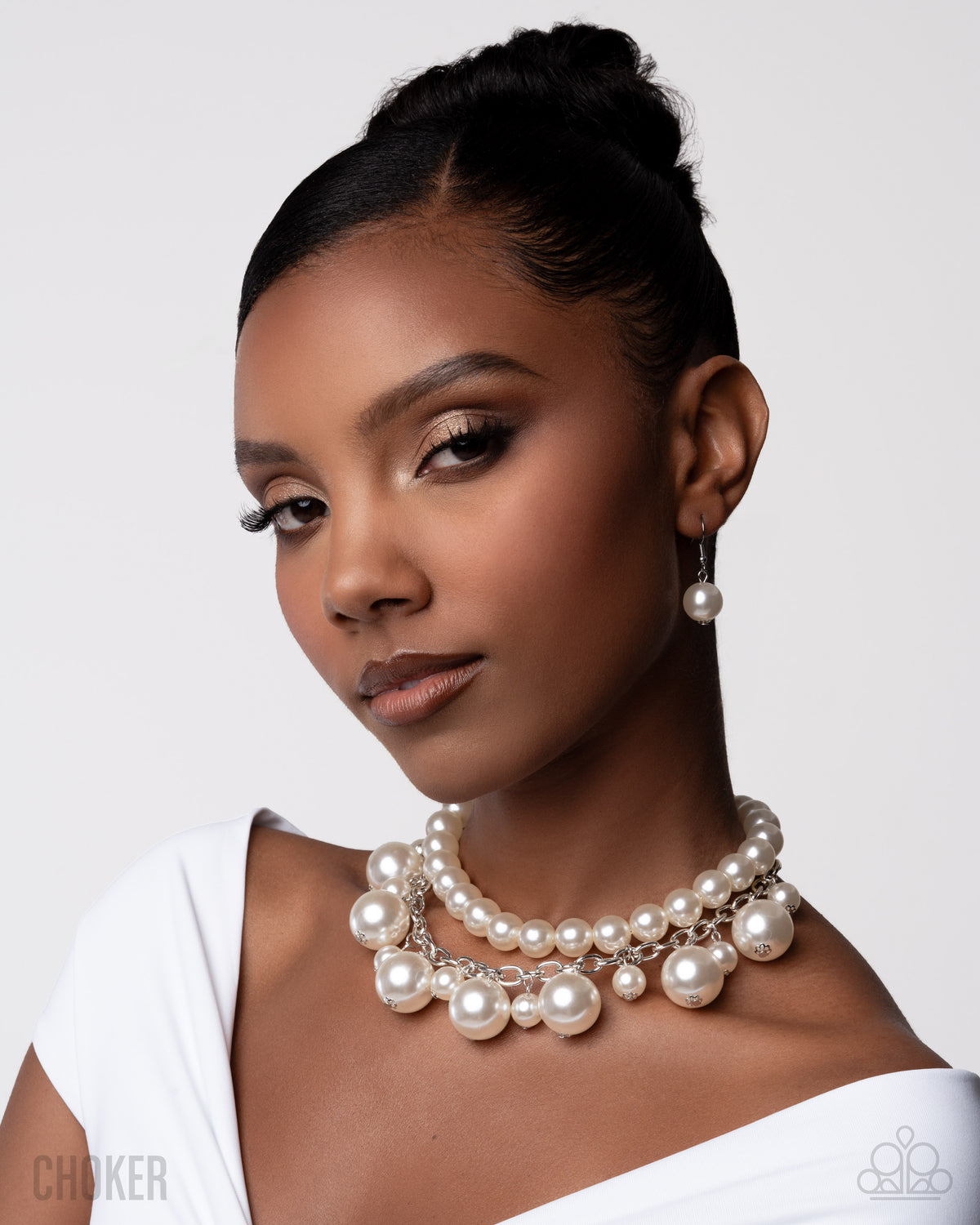 paparazzi Sophisticated to the Max White Pearl Choker Necklace-on model - CarasShop.com - Paparazzi Jewelry by Cara Jewels