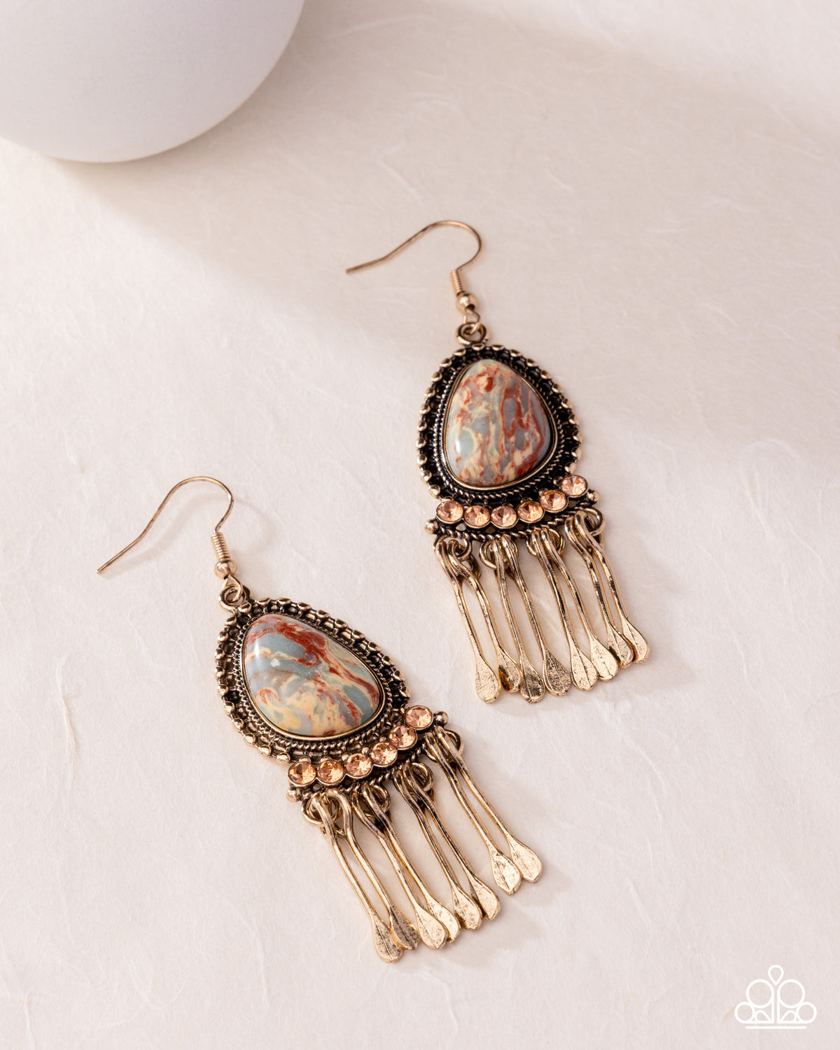 paparazzi Swirled Sashay Multi Gold & Red Stone Earrings- lightbox - CarasShop.com - Paparazzi Jewelry by Cara Jewels