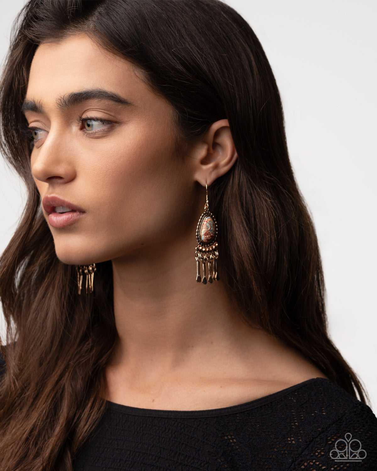 paparazzi Swirled Sashay Multi Gold & Red Stone Earrings-on model - CarasShop.com - Paparazzi Jewelry by Cara Jewels