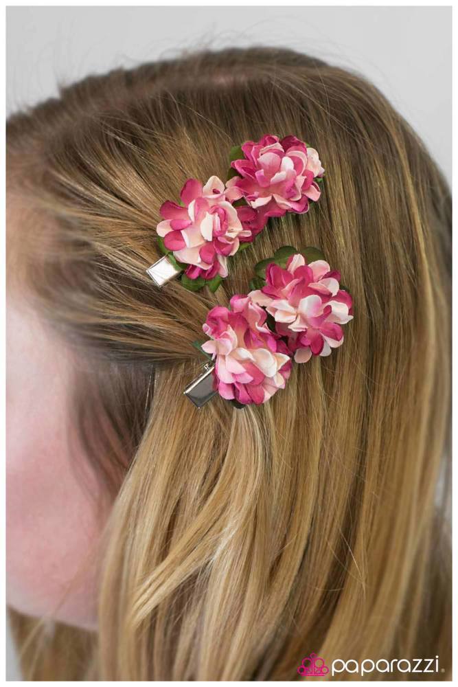 Paper Towns Pink Flower Hair Clips - Paparazzi Accessories- on model - CarasShop.com - Paparazzi Jewelry by Cara Jewels
