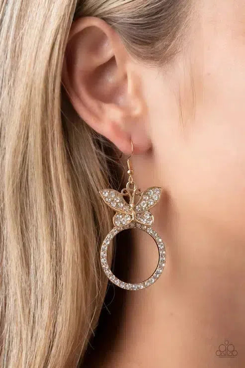 Paradise Found Gold Earrings - Paparazzi Accessories-on model - CarasShop.com - Paparazzi Jewelry by Cara Jewels
