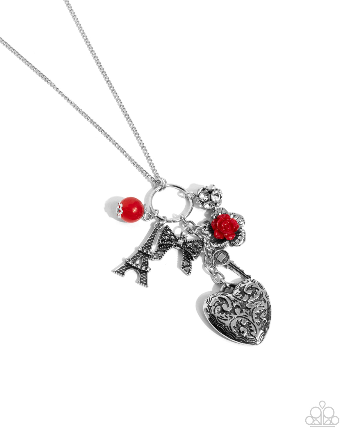 Parisian Press Red & Silver Heart Charm Necklace - Paparazzi Accessories- lightbox - CarasShop.com - Paparazzi Jewelry by Cara Jewels