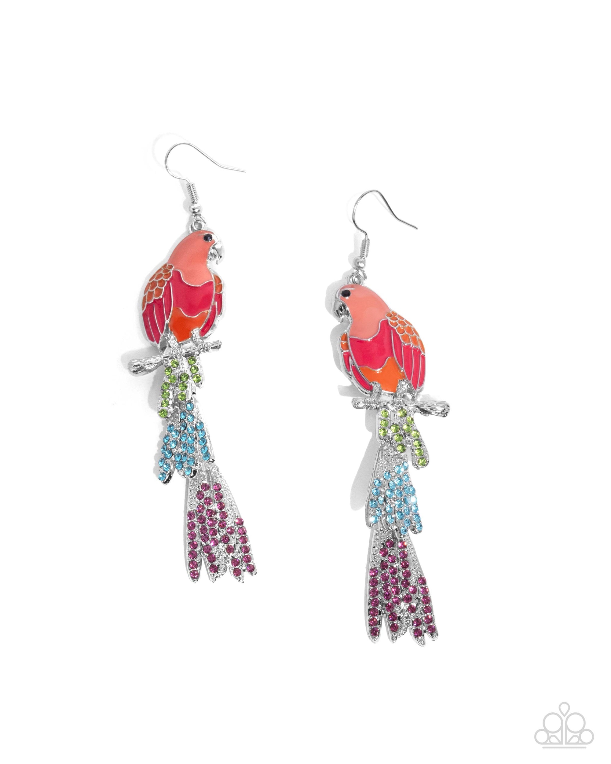 Parrot Pull Orange, Pink & Multi Rhinestone Earrings - Paparazzi Accessories- lightbox - CarasShop.com - Paparazzi Jewelry by Cara Jewels