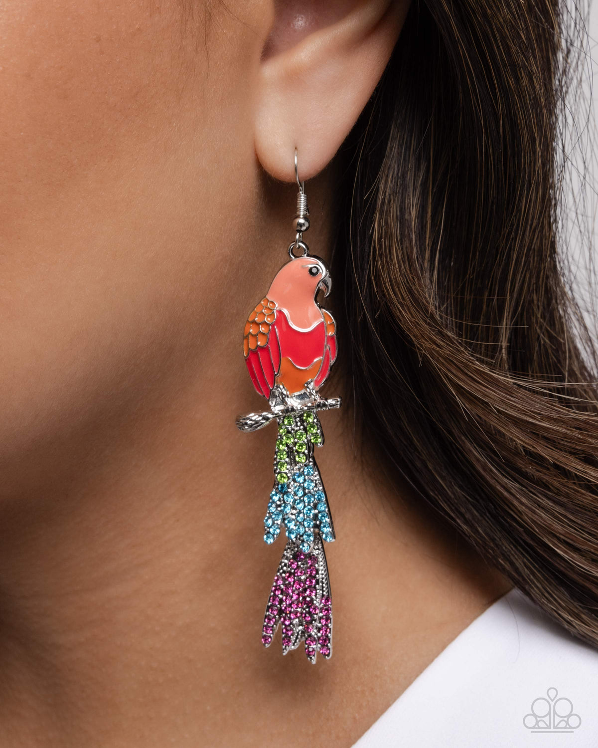 Parrot Pull Orange, Pink & Multi Rhinestone Earrings - Paparazzi Accessories-on model - CarasShop.com - Paparazzi Jewelry by Cara Jewels