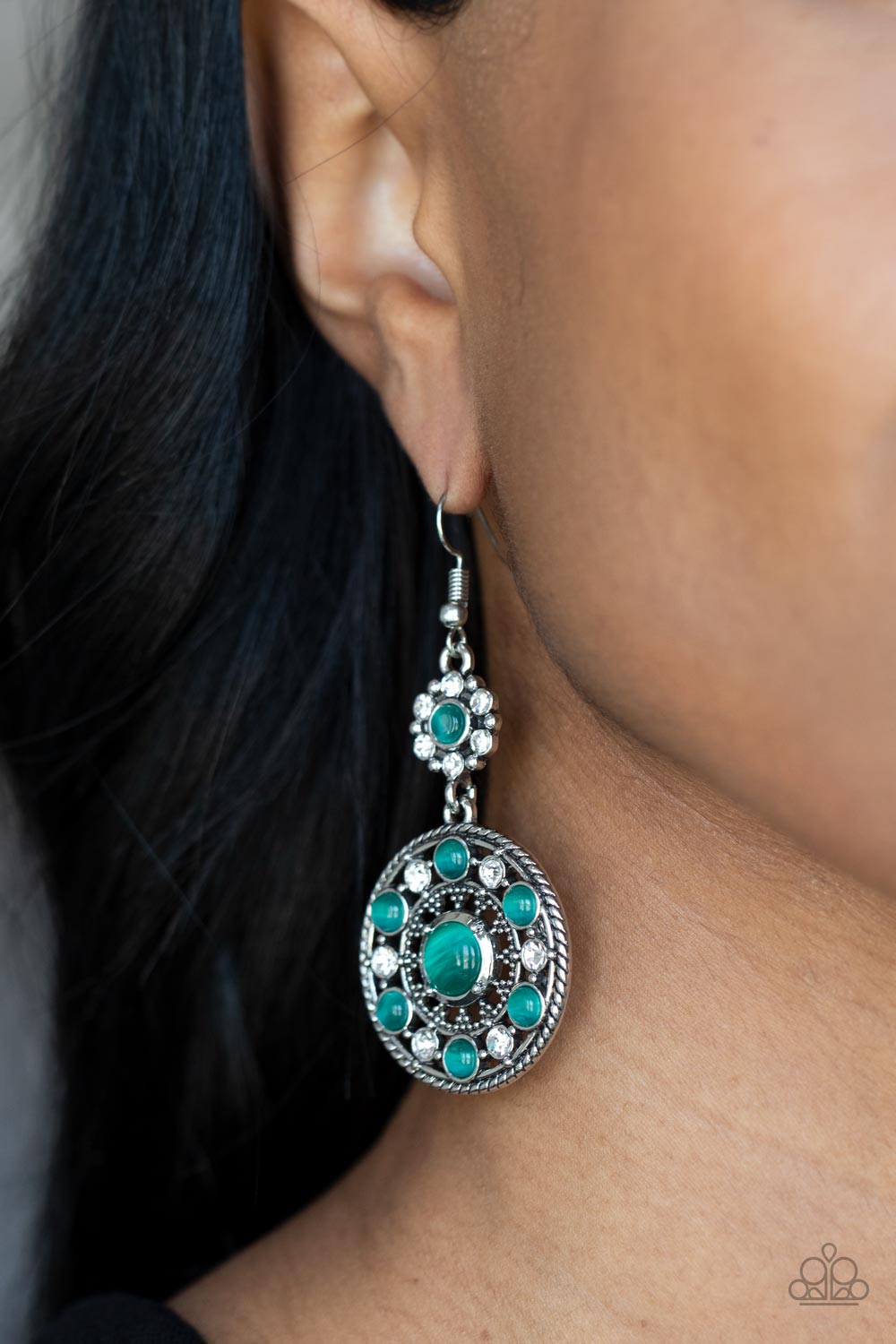 Party at My PALACE Green Cat's Eye Stone Earrings - Paparazzi Accessories- on model - CarasShop.com - Paparazzi Jewelry by Cara Jewels