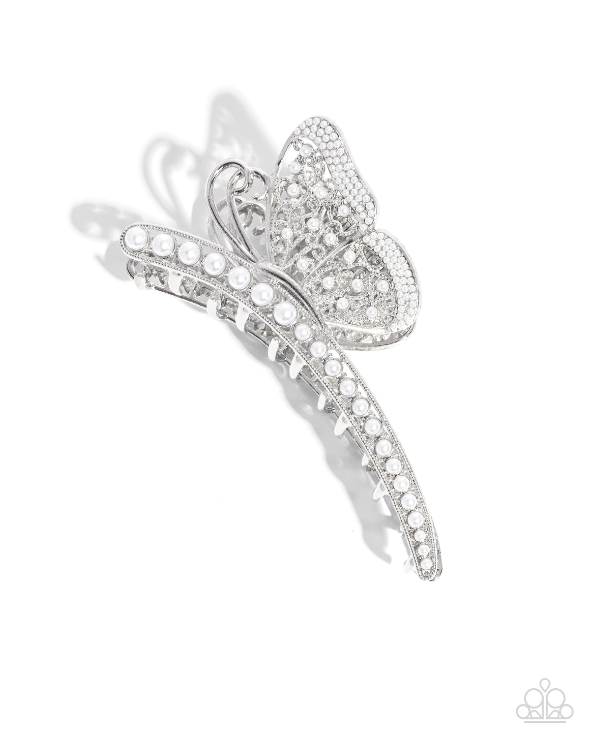 Pastoral Pearls White Butterfly Hair Clip - Paparazzi Accessories- lightbox - CarasShop.com - Paparazzi Jewelry by Cara Jewels