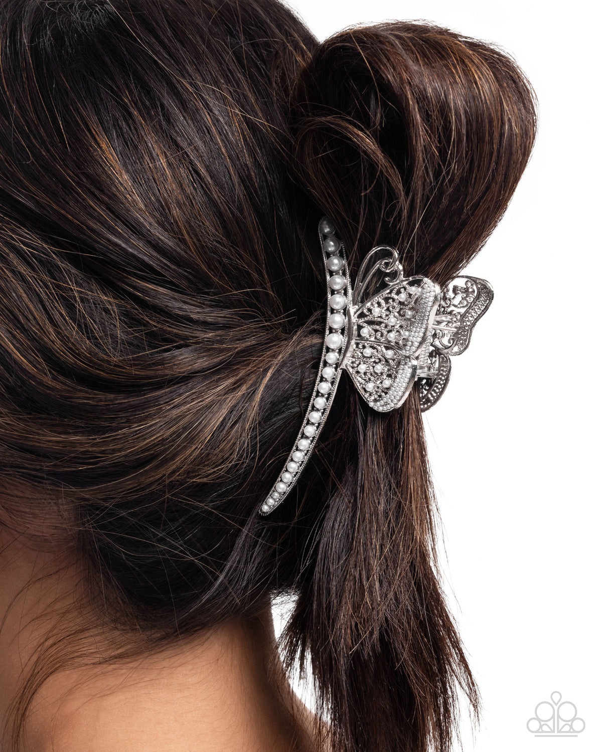 Pastoral Pearls White Butterfly Hair Clip - Paparazzi Accessories- on model - CarasShop.com - Paparazzi Jewelry by Cara Jewels