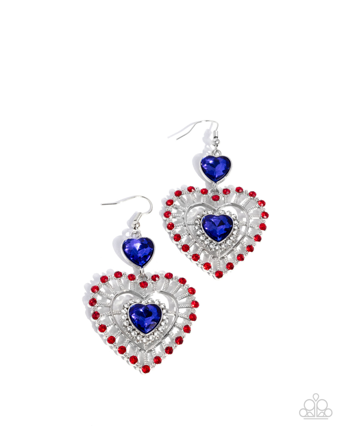 Patriotic Pattern Multi Red, White & Blue Rhinestone Heart Earrings - Paparazzi Accessories- lightbox - CarasShop.com - Paparazzi Jewelry by Cara Jewels