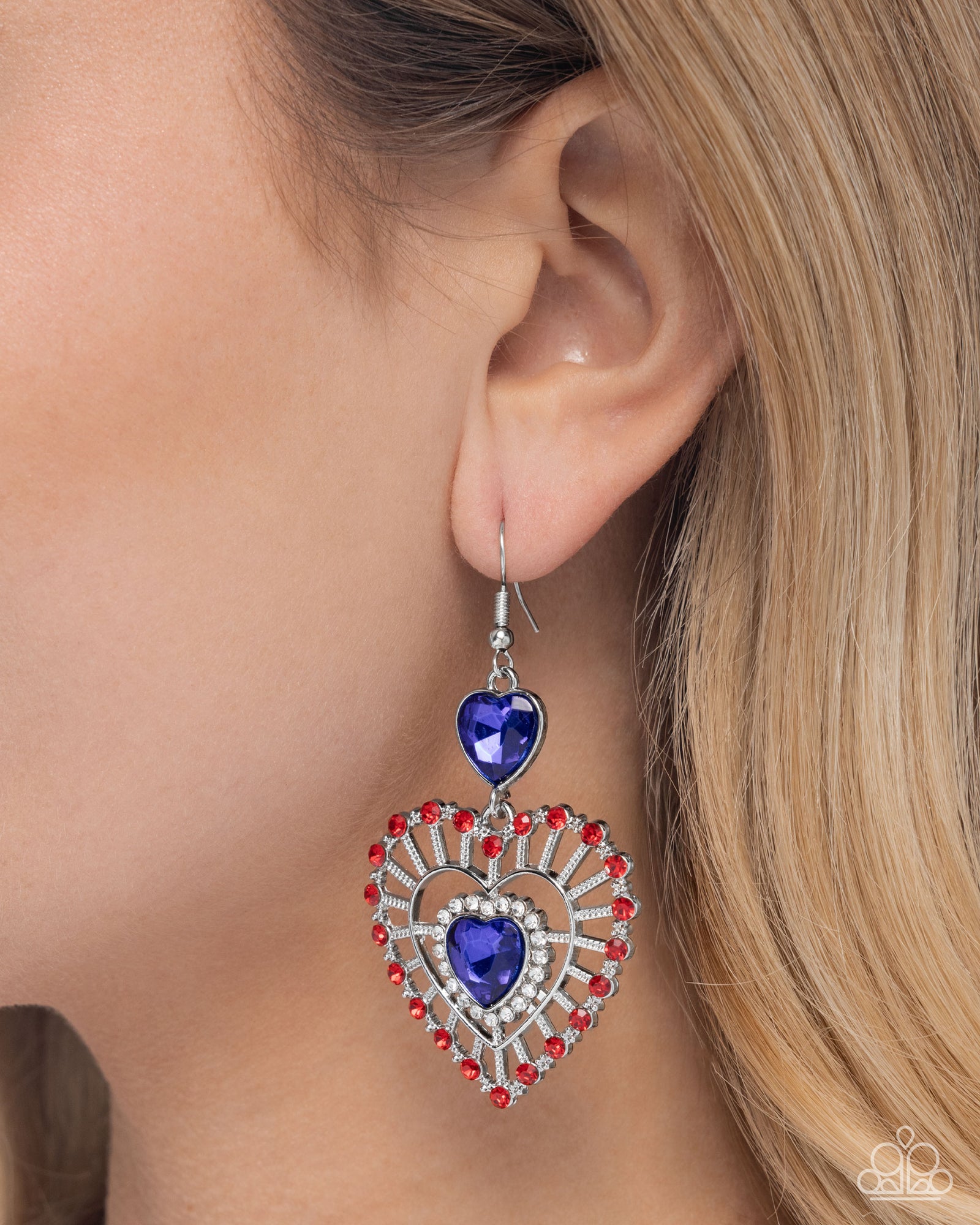 Patriotic Pattern Multi Red, White & Blue Rhinestone Heart Earrings - Paparazzi Accessories- lightbox - CarasShop.com - Paparazzi Jewelry by Cara Jewels