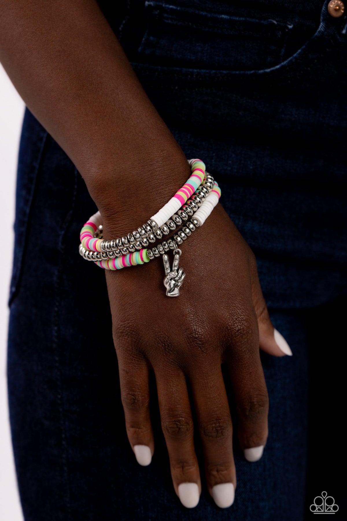 Peaceful Potential White & Pink Inspirational Bracelet - Paparazzi Accessories- on model - CarasShop.com - Paparazzi Jewelry by Cara Jewels