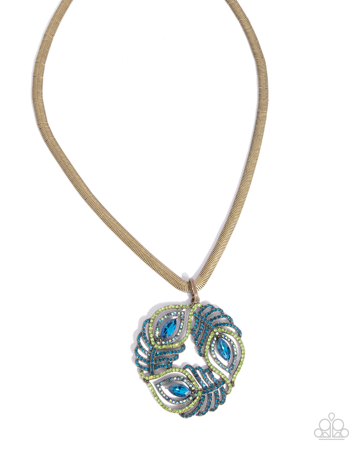 Peacock Patchwork Brass & Blue Rhinestone Necklace - Paparazzi Accessories- lightbox - CarasShop.com - Paparazzi Jewelry by Cara Jewels