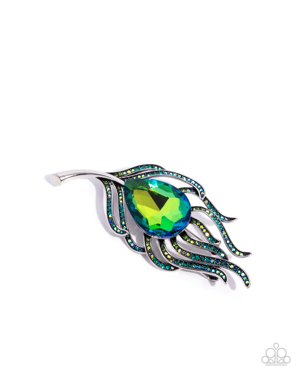 Peacock Pedigree Green UV Shimmer Feather Brooch - Paparazzi Accessories- lightbox - CarasShop.com - Paparazzi Jewelry by Cara Jewels
