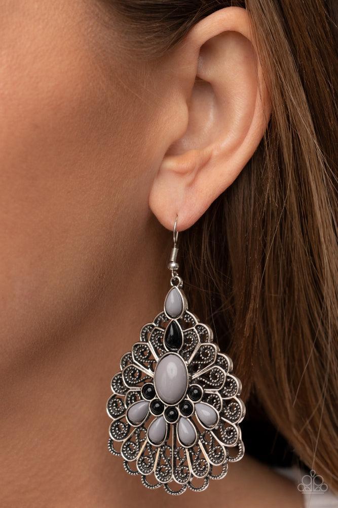 Peacock Prance Silver Earrings - Paparazzi Accessories- on model - CarasShop.com - Paparazzi Jewelry by Cara Jewels