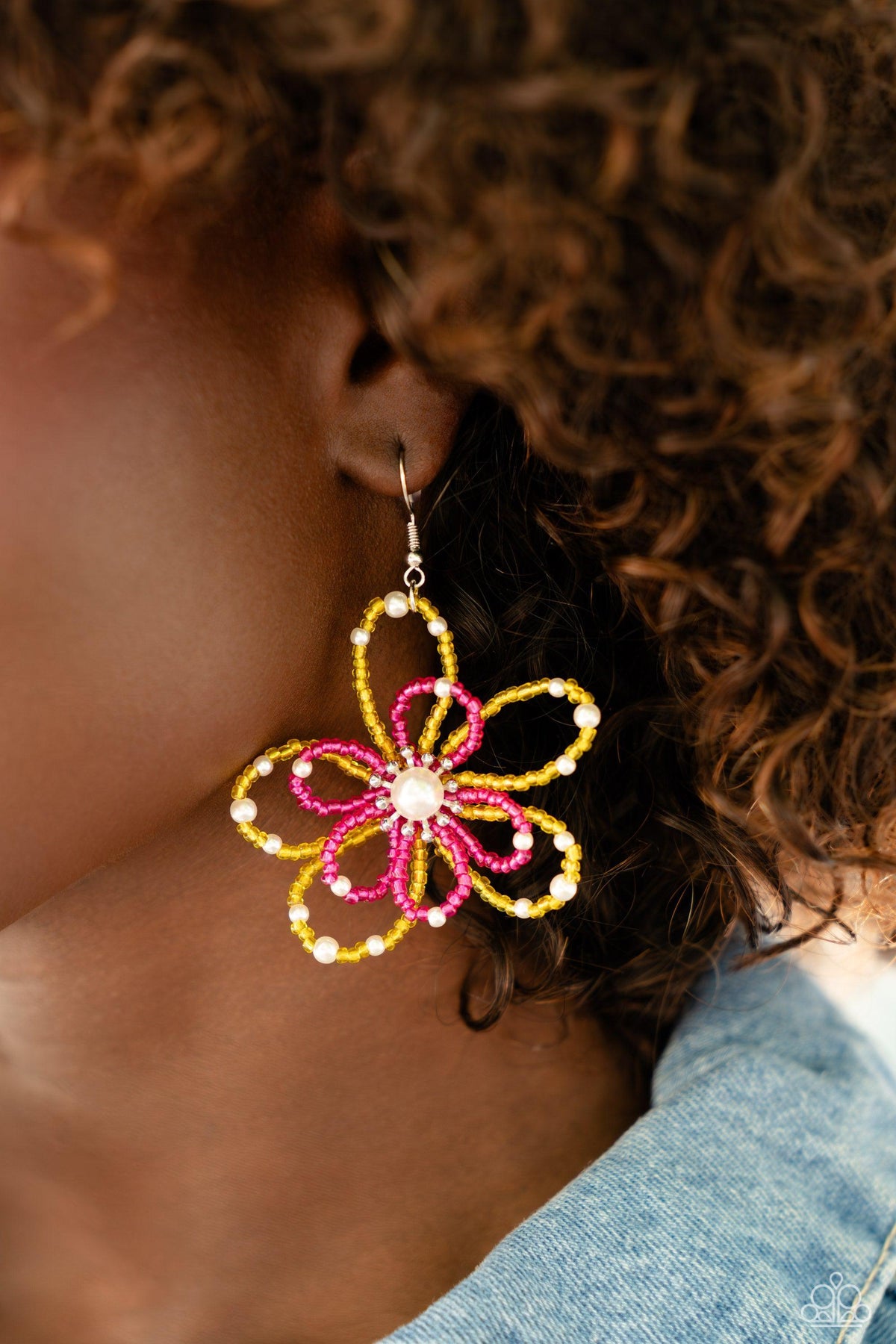 PEARL Crush Yellow & Pink Flower Earrings - Paparazzi Accessories- on model - CarasShop.com - Paparazzi Jewelry by Cara Jewels