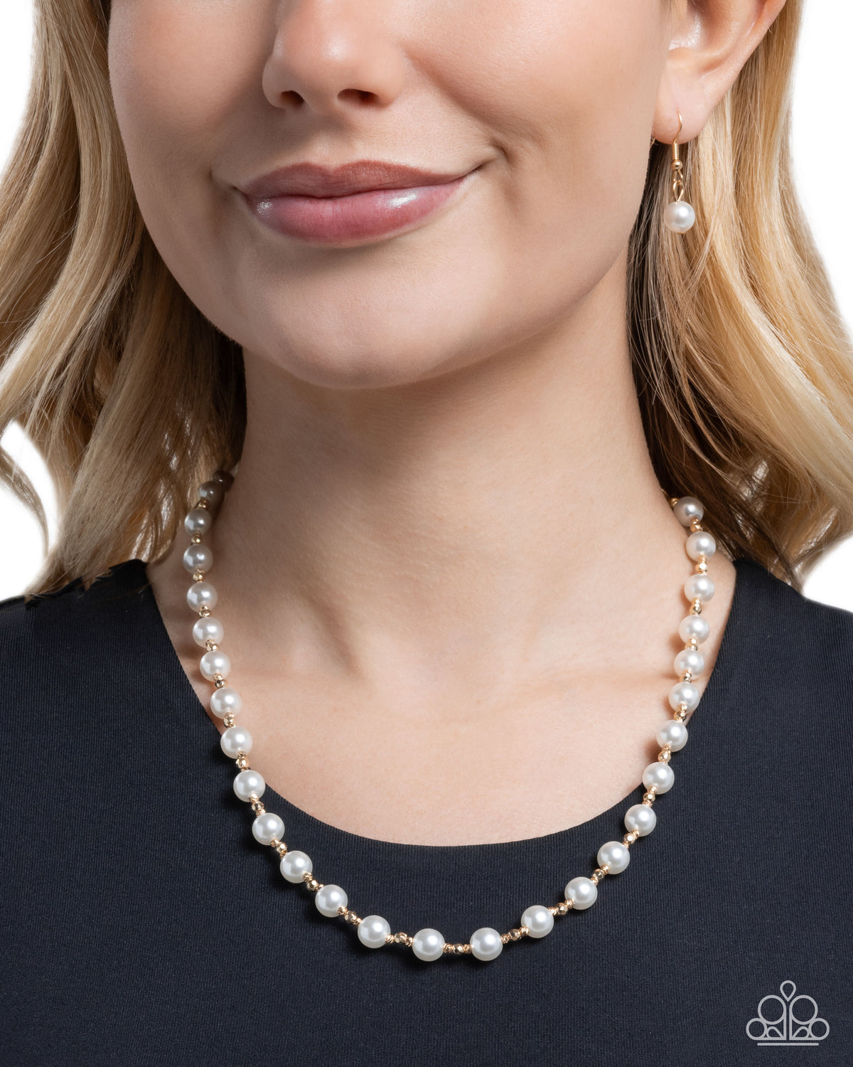 Pearl Premiere Gold & White Pearl Necklace - Paparazzi Accessories-on model - CarasShop.com - Paparazzi Jewelry by Cara Jewels