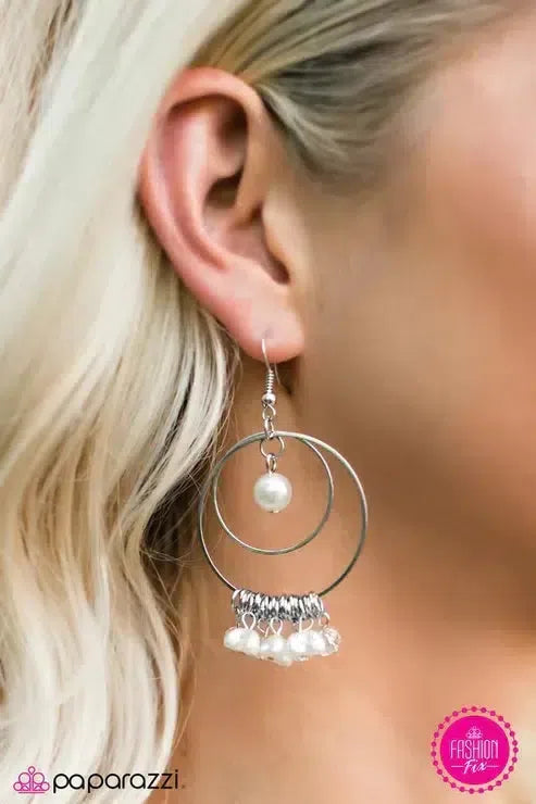 Pearly Intentions White Earrings - Paparazzi Accessories-on model - CarasShop.com - Paparazzi Jewelry by Cara Jewels