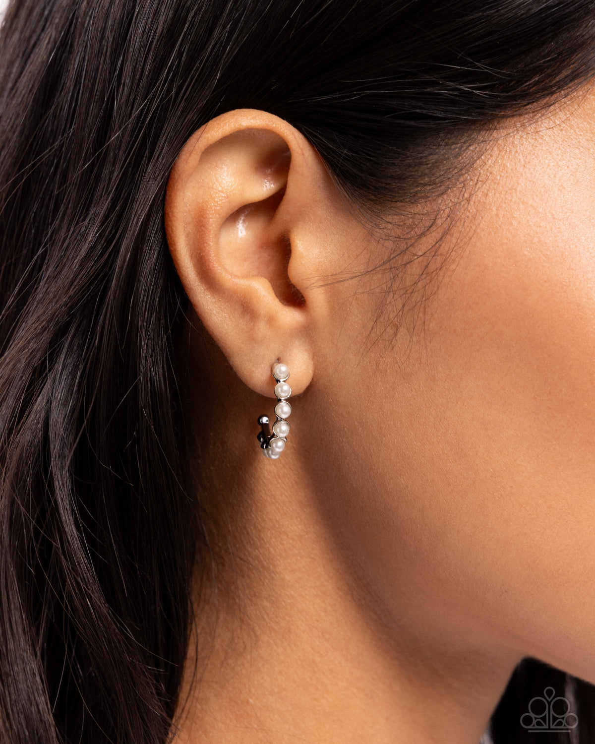 Pearly Passage White Pearl Hoop Earrings - Paparazzi Accessories- on model - CarasShop.com - Paparazzi Jewelry by Cara Jewels
