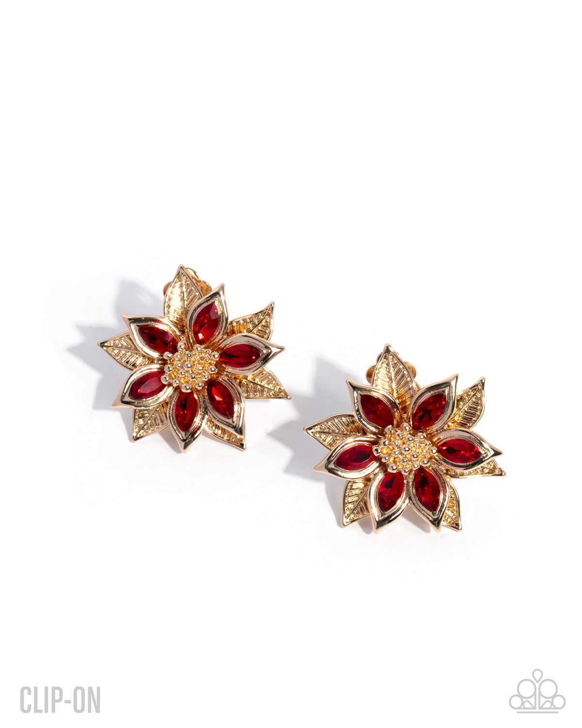 Perceptive Poinsettia Red & Gold Clip On Earrings - Paparazzi Accessories- lightbox - CarasShop.com - Paparazzi Jewelry by Cara Jewels