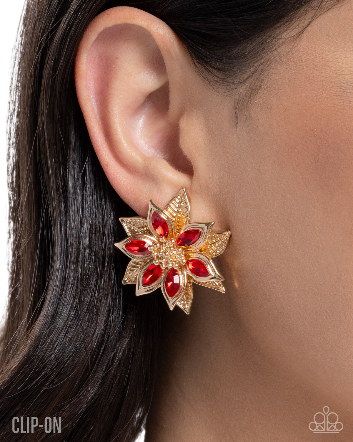 Perceptive Poinsettia Red & Gold Clip On Earrings - Paparazzi Accessories-on model - CarasShop.com - Paparazzi Jewelry by Cara Jewels