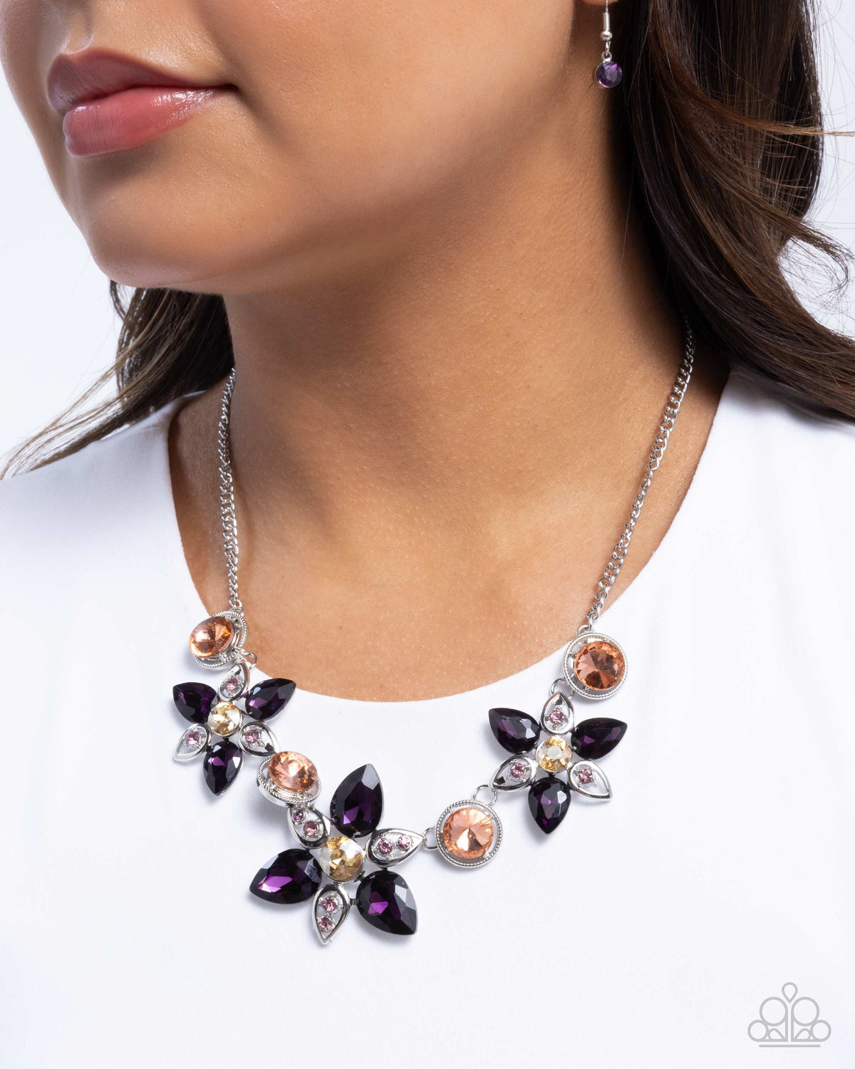 Perennial Promise Purple & Peach Rhinestone Flower Necklace - Paparazzi Accessories- on model - CarasShop.com - Paparazzi Jewelry by Cara Jewels