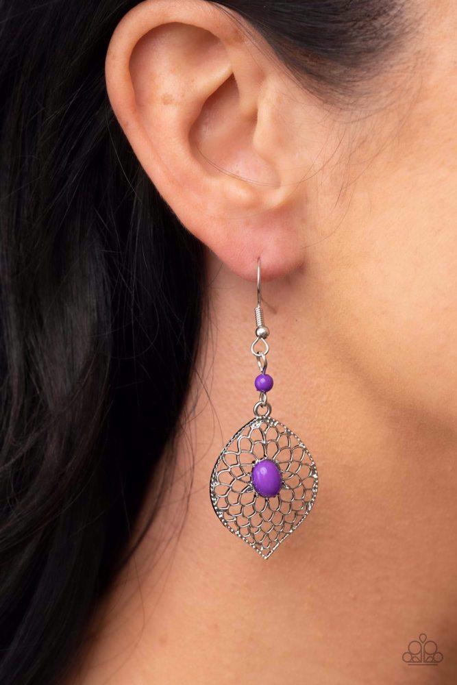 Perky Perennial Purple Earrings - Paparazzi Accessories- on model - CarasShop.com - Paparazzi Jewelry by Cara Jewels