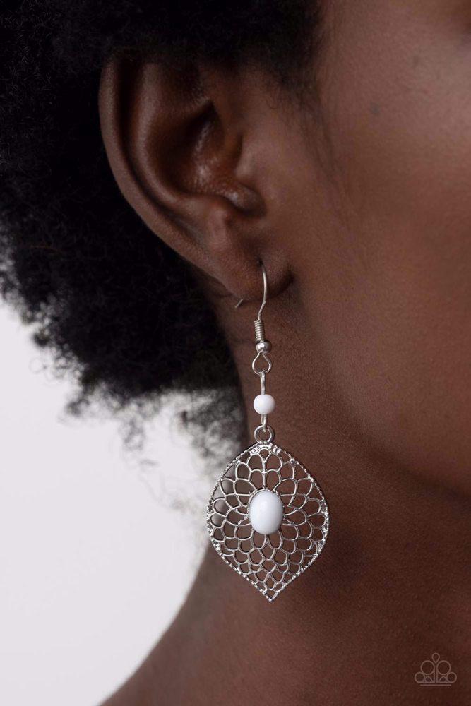 Perky Perennial White Earrings - Paparazzi Accessories- on model - CarasShop.com - Paparazzi Jewelry by Cara Jewels