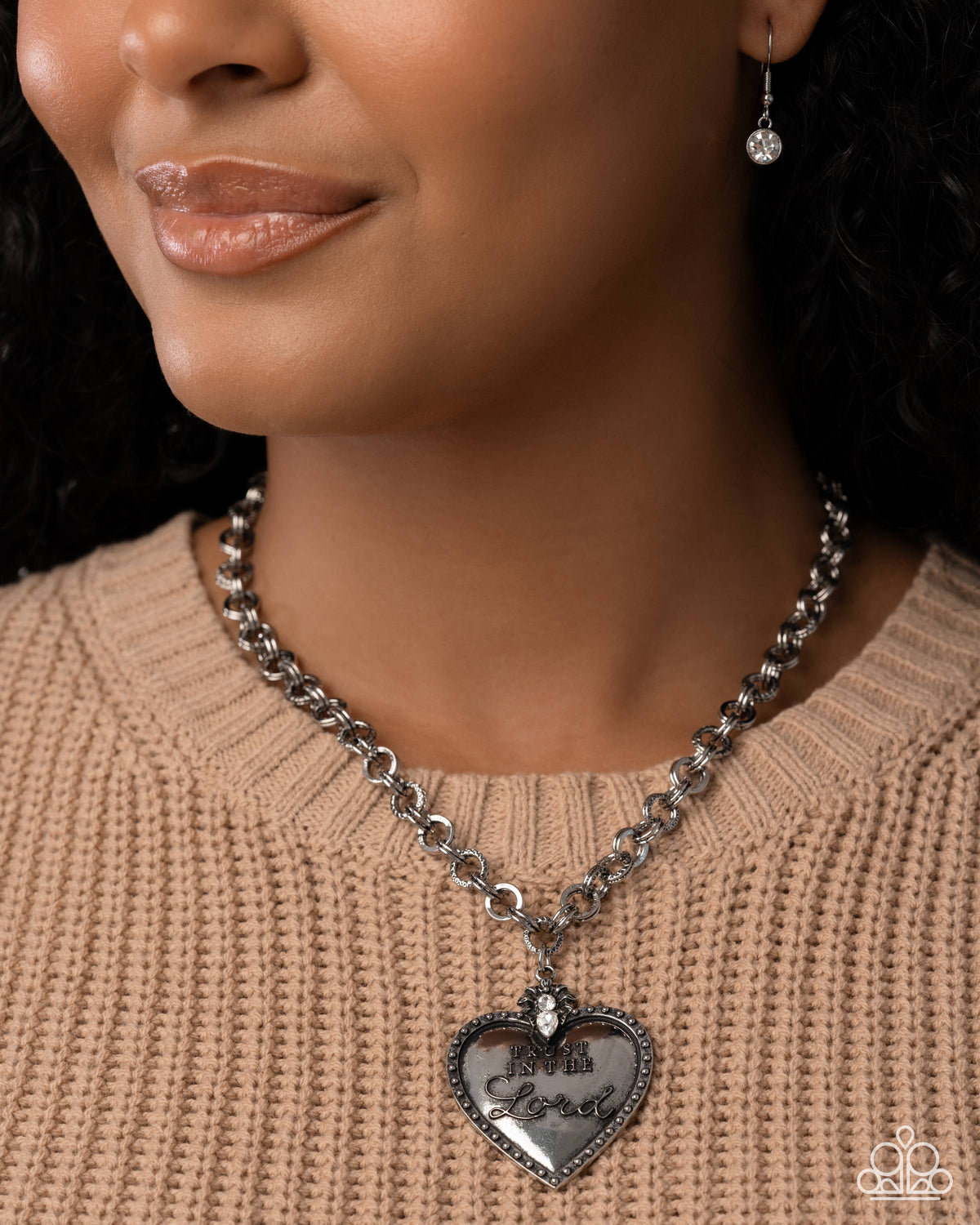 Permanent Proverb White & Silver Heart Necklace - Paparazzi Accessories-on model - CarasShop.com - Paparazzi Jewelry by Cara Jewels