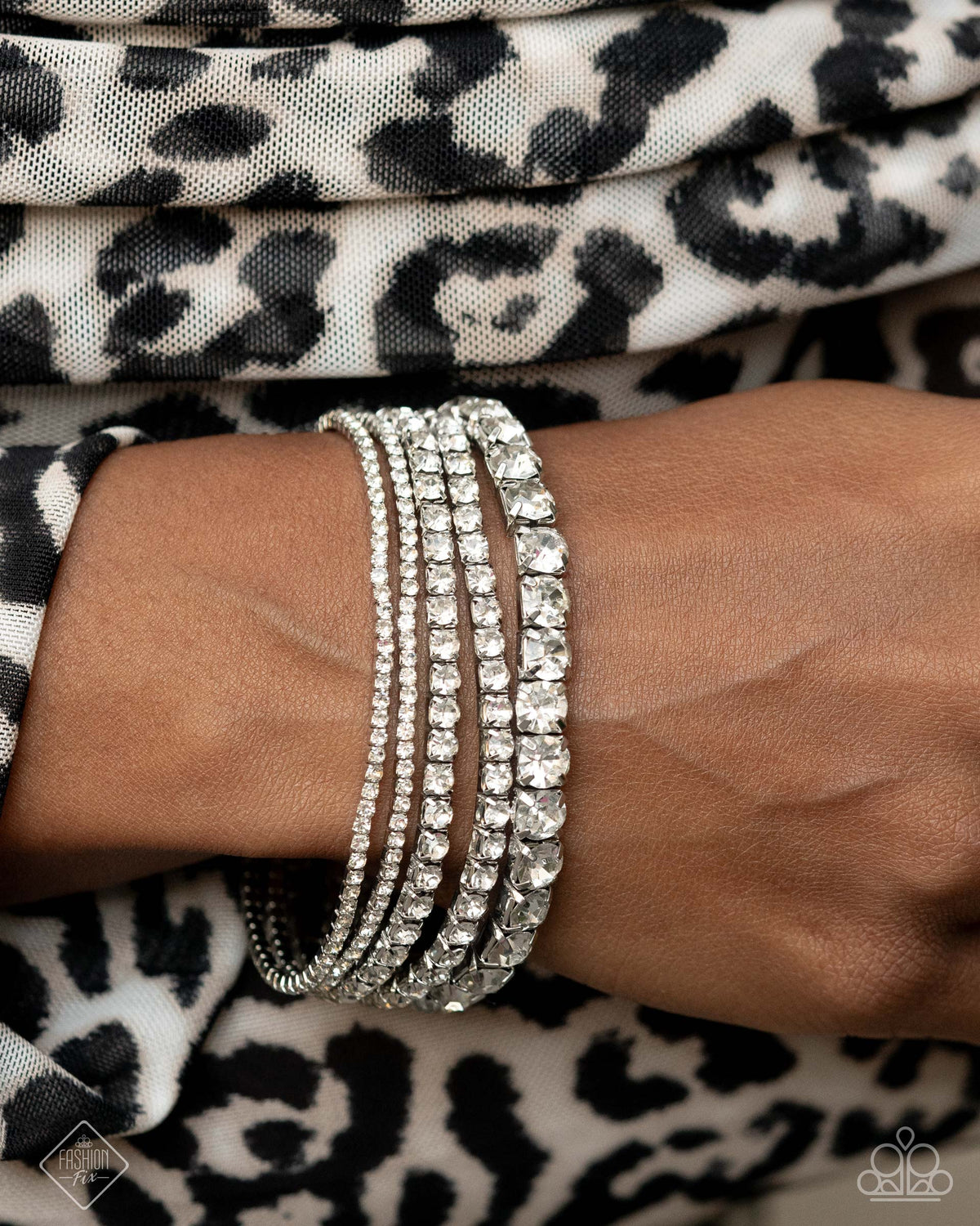 Persistent Pizzazz White Rhinestone Bracelet Set - Paparazzi Accessories- on model - CarasShop.com - Paparazzi Jewelry by Cara Jewels