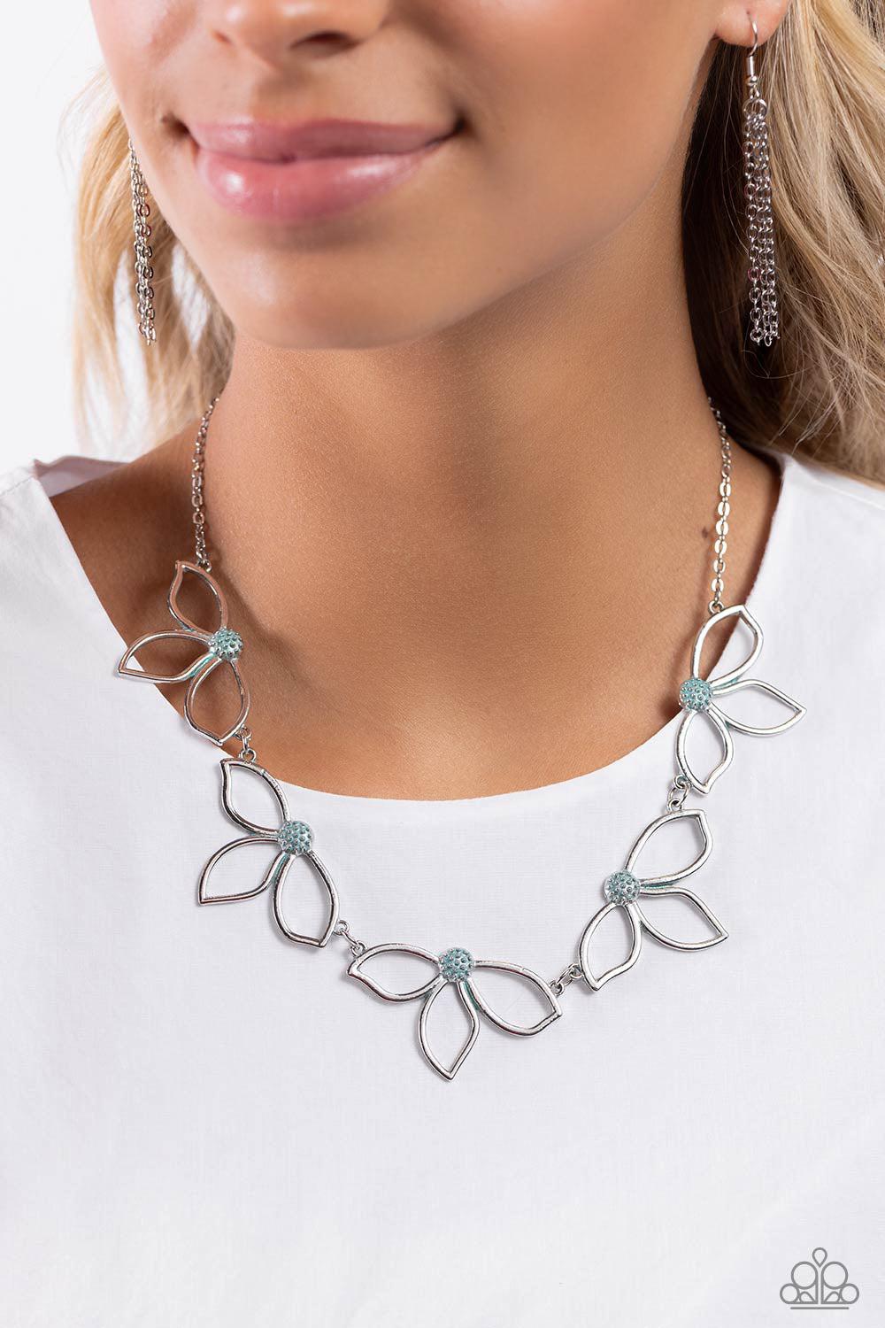 Petal Pageantry Blue & Silver Floral Necklace - Paparazzi Accessories- on model - CarasShop.com - Paparazzi Jewelry by Cara Jewels